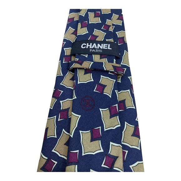 CHANEL PARIS Blue Geometric Silk Tie Made In Italy 56"-3".1/4 EX COND - Picture 5 of 5